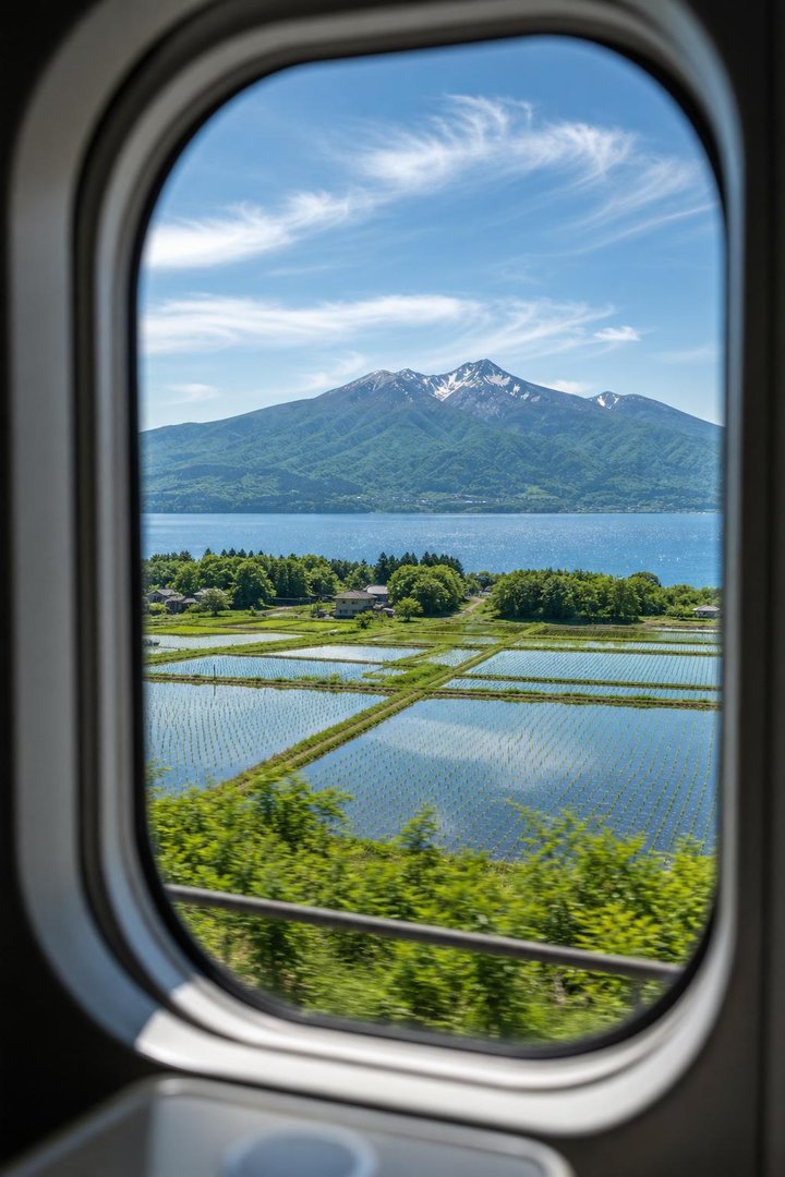 新幹線の窓から見える磐梯山と猪苗代湖