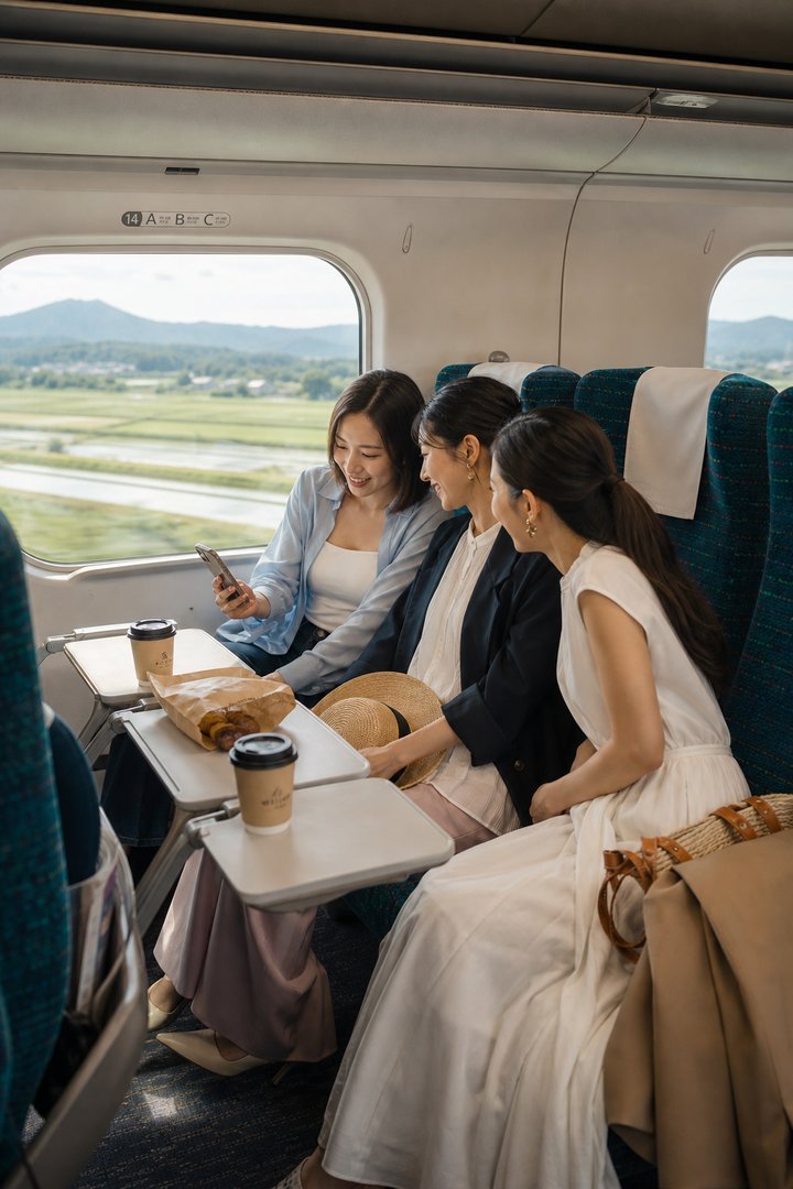 新幹線車内、コーヒーを飲みながら笑い合う3人