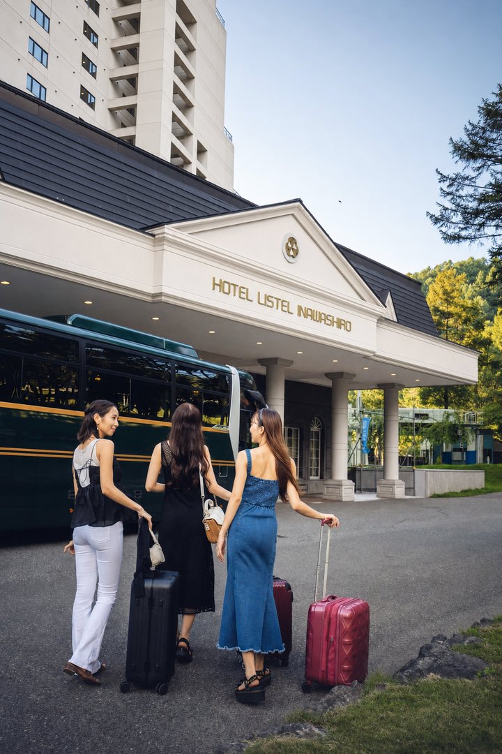 ホテルリステル猪苗代の正面玄関、3人で到着・スーツケース・送迎バス