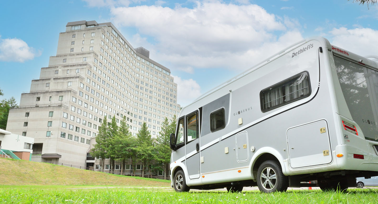 RVパーク 電源付き区画で車中泊・ホテルの温泉入浴OK